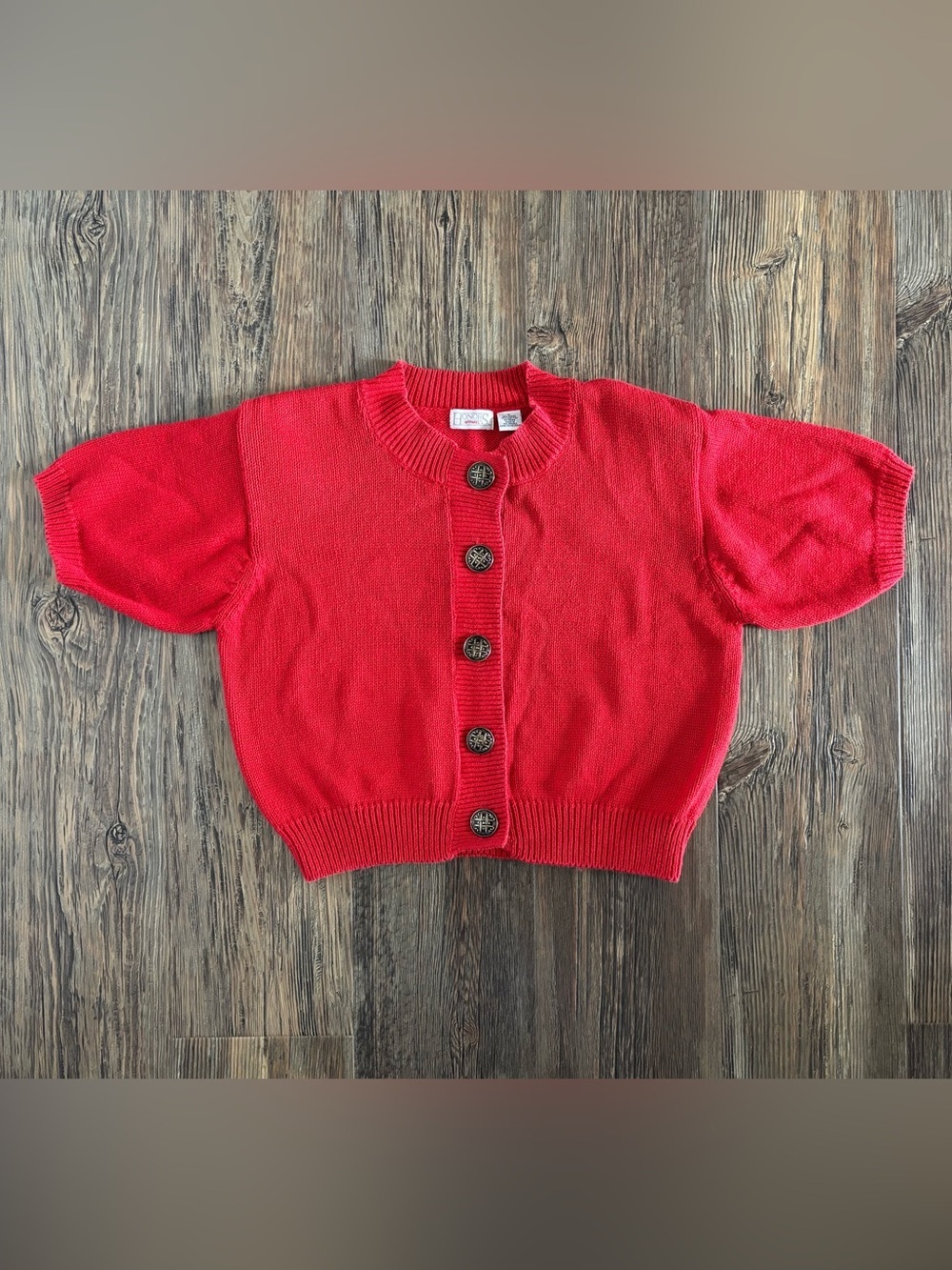 *Read Vtg Honors Apparel S/S Cardigan Med Red Ornate Buttons Shoulder Pads 90s